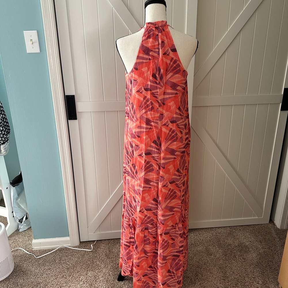 Nine West Halter Maxi Dress Size Small Coral Floral Tropical Print Flowy Lined - Picture 3 of 7
